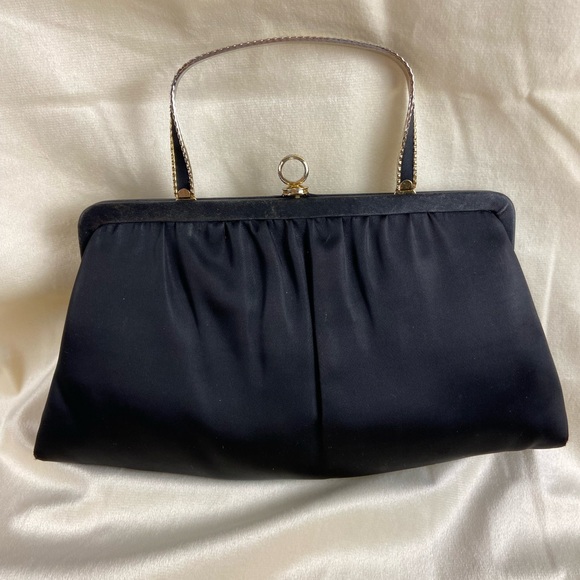 Ande’ Handbags - Vintage 1960s Andé Black Satin Evening Bag Gold Frame Collapsible Handle Clutch